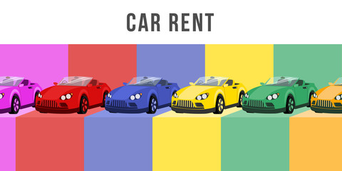 Car rent flat banner vector template. Automobile dealership business, personal transport leasing service advertising poster layout. Different multicolor cabriolets cartoon illustration with typography