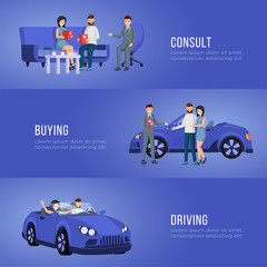 Naklejka premium Automobile showroom advertising banner vector template. Personal vehicle, transportation dealership service poster layout. Salesman and happy customers buying car flat illustration with text space