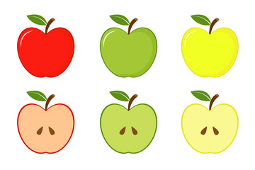 Apples red, green and yellow with slices. Vector illustration isolated on white background