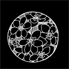 Black and white sakura pattern. Natural cosmic motive. Chalk on a blackboard.