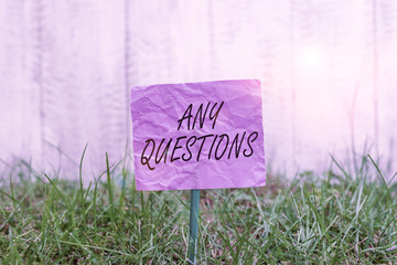 Conceptual hand writing showing Any Questions. Concept meaning Clueless Blank face Inquiry Disputes...