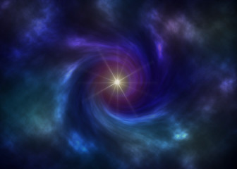 Deep space vortex illustration with bright star. Processed in vibrant blues, greens and purples.