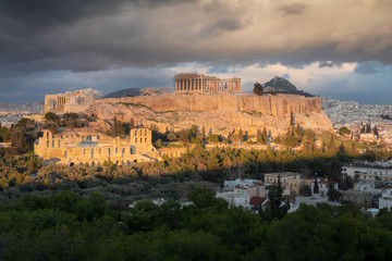 The Parthenon Temple at the Acropolis of Athens, Greece, during beautiful sunset