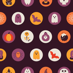 Fototapeta na wymiar Halloween Seamless Pattern Flat style. Retro Collection of paper party symbols. Cute Halloween scary ghost, pumpkin, haunted house, bat, tomb, skull, spider net. Fun character
