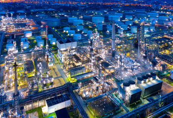 Aerial view of twilight of oil refinery ,Shot from drone of Oil refinery plant ,refinery...