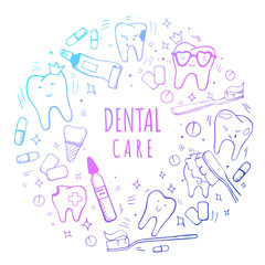 Handdrawn dental and orthodontic neon color vector set: tooth with braces, implant, healthy tooth, irrigator,tooth brushes, paste, mouth wash, interdental and orthodontic brushes Lettering Dental Care