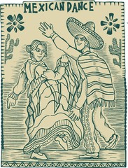a pair of lovers who are dancing in sombrero clothes. illustration in cordel style