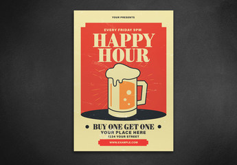 Happy Hour Flyer Layout with Illustrated Beer