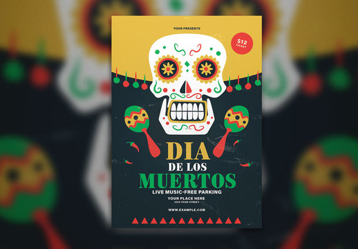 Yellow and Black Dia De Los Muertos Flyer Layout with Illustrative Skull