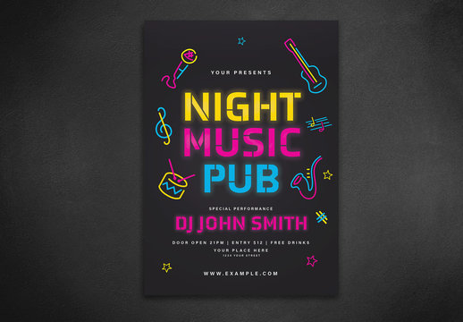 Music Event Flyer Layout with Neon Light Elements