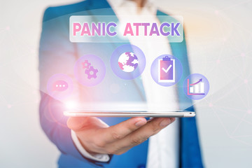 Writing note showing Panic Attack. Business concept for sudden periods of intense fear that may include palpitations Male human wear formal suit presenting using smart device