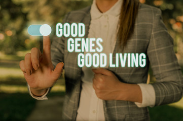 Text sign showing Good Genes Good Living. Business photo showcasing Inherited Genetic results in Longevity Healthy Life Woman wear formal work suit presenting presentation using smart device