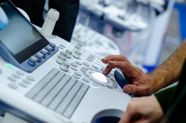 Close-up of ultrasound machine in clinic.