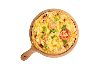 Italian homemade pizza on a board isolated on white background with clipping path