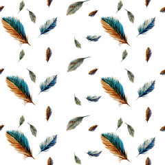 Seamless pattern with watercolor birds feathers.