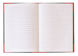 Open notebook spread with blank white pages and blue lines. Isolated on white background. Background image.