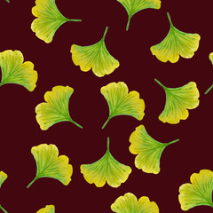 Seamless pattern with watercolor hand painted ginkgo biloba ín green and yellow color.