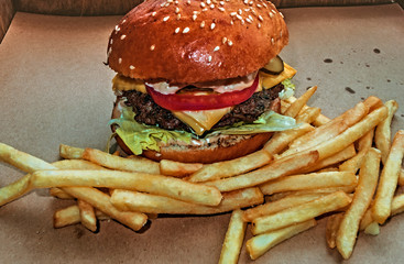 hamburgers with beef burger cutlet, french fries