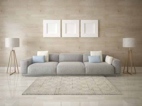 Mock up a stylish living room with a trendy compact sofa and stylish original backdrop.