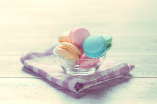 Colourful macaroons in bright environment