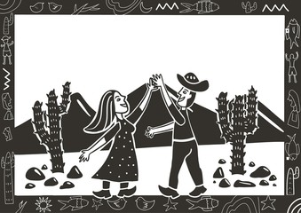 illustration of cordel style meeting a pair of lovers in the middle of the desert