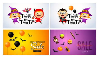Trick or treat white, orange, violet banner set with monsters