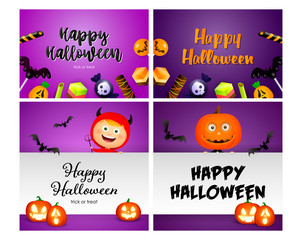Happy Halloween violet banner set with devil, pumpkin