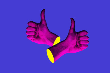 Contemporary minimalistic art collage in neon bold colors with hands showing thumbs up. Like sign...