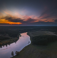 Evening aerial view of Neris river in Kernave