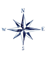Nautical compass drawn with watercolor, classic blue color.