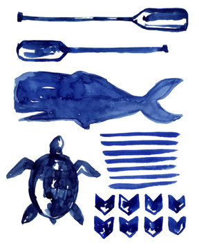 Oars, Turtle, Sperm Whale, Blue Stripes, Chevron. Nautical Icons Set. Watercolor Drawn Illustration