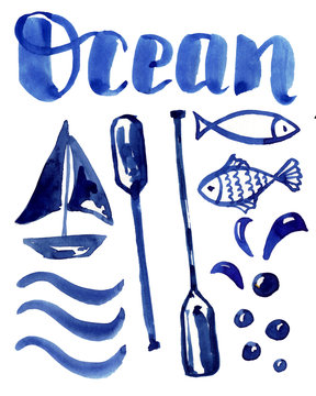 Ocean, Oars, Water Drops, Fish, Ship, Waves. Nautical Set Of Watercolor Illustrations. Blue Color.