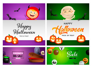 Happy Halloween violet, green, white banner set with pumpkins