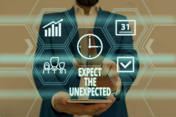 Text sign showing Expect The Unexpected. Business photo showcasing Anything can Happen Consider all Possible Events Male human wear formal work suit presenting presentation using smart device