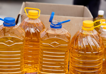 Refined sunflower oil in plastic big  bottles at the farmers market