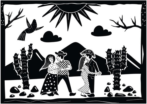 illustration of cordel style meeting a pair of lovers in the middle of the desert