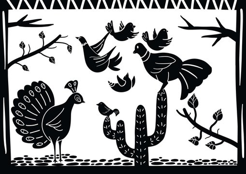 cordel style illustration of a group of birds chirping among cactus trees