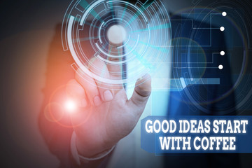 Text sign showing Good Ideas Start With Coffee. Business photo text caffeine lovers start day with it to do more Male human wear formal work suit presenting presentation using smart device