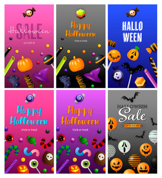 Halloween purple, gray, green banner set with balloons, sweets