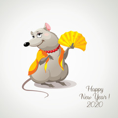 Charming rat with a ladies fan in her hands. Greeting card with the symbol of 2020. Vector Illustration.