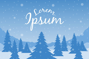 Winter landscape background with snowy forest and blue mountains. Banner for holidays with pines on foreground. Vector illustration in a flat style with a scene of snowfall in nature.
