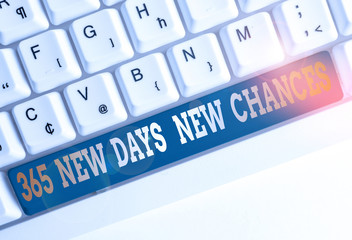 Text sign showing 365 New Days New Chances. Business photo text Starting another year Calendar Opportunities White pc keyboard with empty note paper above white background key copy space