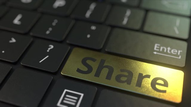 Black computer keyboard and gold share key. Conceptual 3D animation