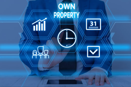 Text sign showing Own Property. Business photo text Things that you own and can take it with you Movable Tangible Male human wear formal work suit presenting presentation using smart device