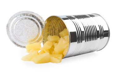 Tin with delicious sweet canned pineapple on white background