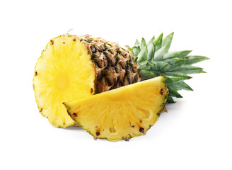 Tasty raw pineapple with slices on white background