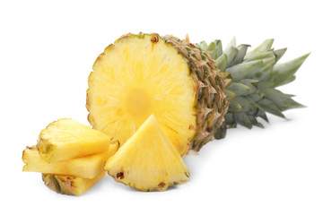 Tasty raw cut pineapple on white background