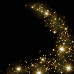 Confetti glittering wave. Vector golden sparkling comet tail on black background. - Vector