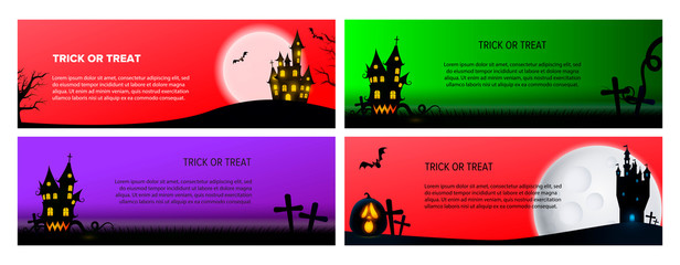 Trick or treat red, green, violet banner set with castle