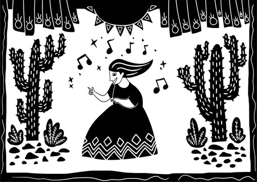 woman dancing in a cactus desert in the hot sun. illustration of cordel style